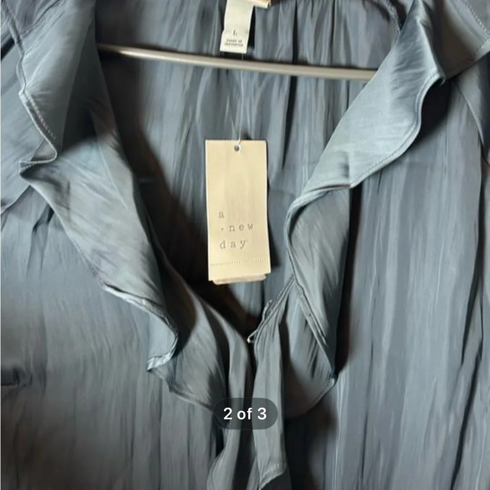 A New Day Silky Ruffle Blouse, Large, NWT, Charcoal Grey - Picture 2 of 3